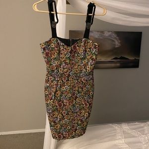 BCBG pleated floral dress with rope strap